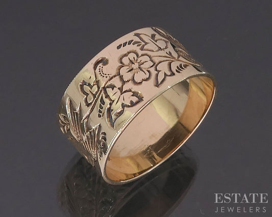 Antique Victorian 10k Yellow Gold 9.4mm Floral Dove Cigar Band Ring 4.2g i19764