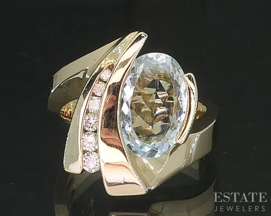 14k Yellow Gold Oval Natural 2ct Aquamarine & Diamond Ladies Ring 9.8g i19768