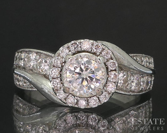 14k White Gold Round Natural .65ctw Diamond Halo Engagement Ring 6.4g i19759