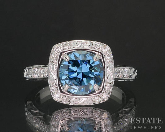 14k White Gold Round Natural 1.50ct Blue Diamond Engagement Ring 5.6g i19766
