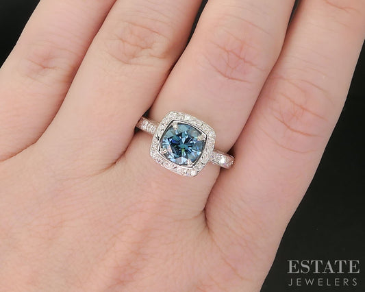 14k White Gold Round Natural 1.50ct Blue Diamond Engagement Ring 5.6g i19766
