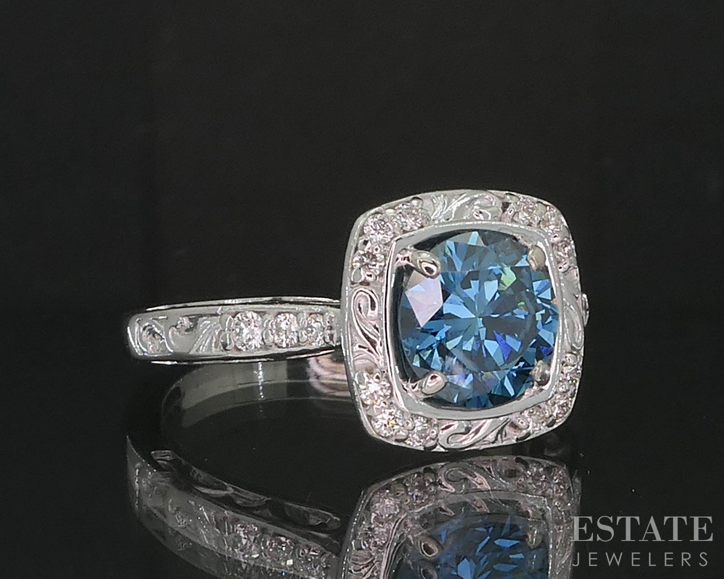 14k White Gold Round Natural 1.50ct Blue Diamond Engagement Ring 5.6g i19766