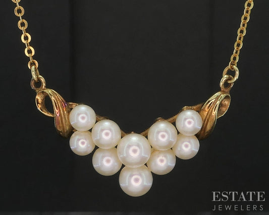 Vintage 14k Yellow Gold Mikimoto Akoya Pearl Chevron Necklace 4.3g 15"L i19775