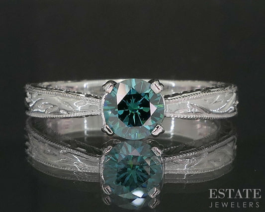 14k White Gold Round Natural .25ct Teal Diamond Solitaire Ring 2.9g i19773