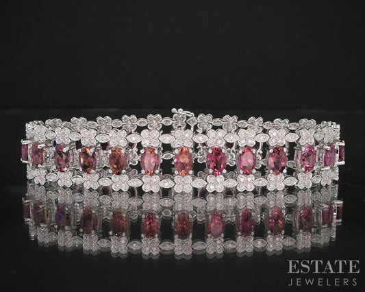 18k White Gold Natural Pink Tourmaline & Diamond Bracelet 25.4g 7"L i19785