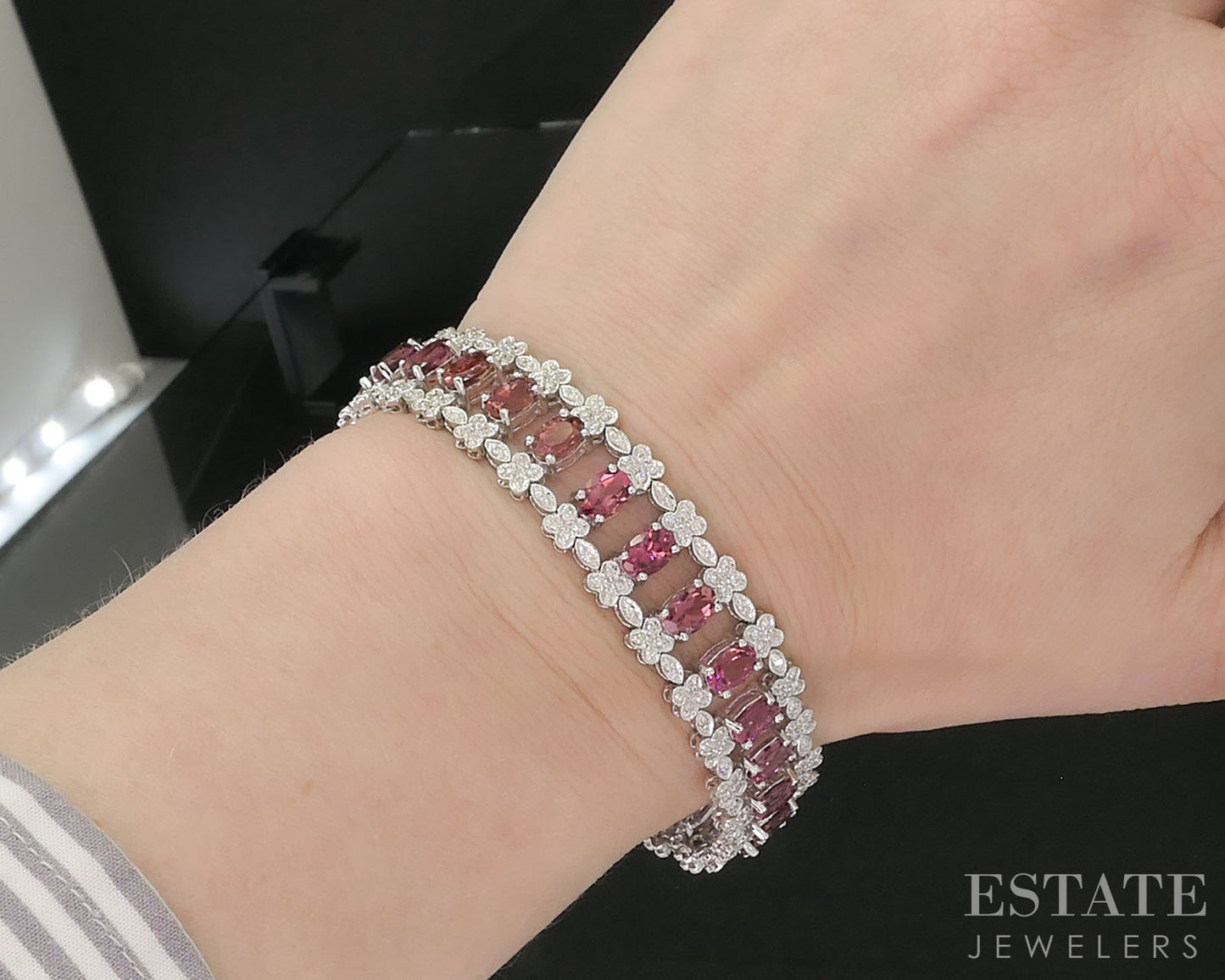 18k White Gold Natural Pink Tourmaline & Diamond Bracelet 25.4g 7"L i19785