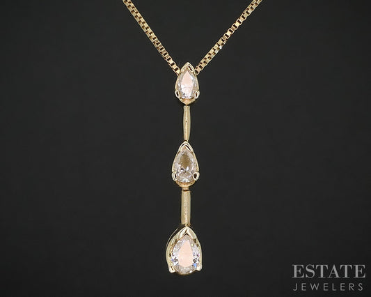 14k Yellow Gold Pear Natural .30ctw Diamond Three Stone Necklace 3g 17"L i19786