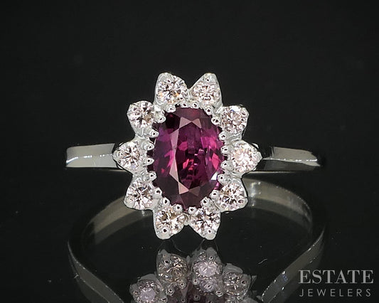 14k White Gold Round Natural Ruby & Diamond Ladies Halo Ring 2.6g i19804