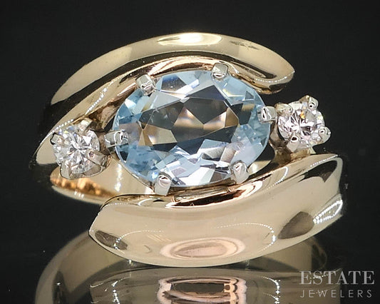 14k Yellow Gold Oval Natural 1.1ct Aquamarine & Diamond Ladies Ring 5g i19789