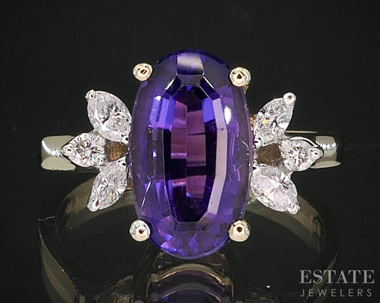 14k Yellow Gold Oval Natural Amethyst & Diamond Ladies Ring 4.3g i19790