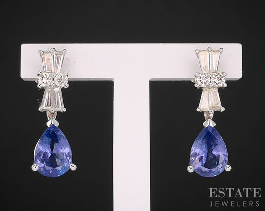 14k White Gold Natural Tanzanite & Diamond Dangle Earrings 2.3g i19801