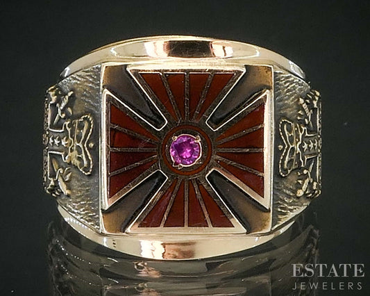 Vintage 10k Yellow Gold De Molay Legion of Honor Ruby Mens Ring 7g i19802