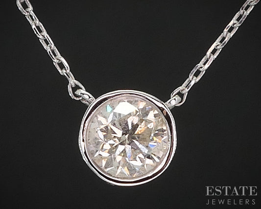 14k White Gold Round Natural .50ct Diamond Bezel Solitaire Necklace 1.5g i19799