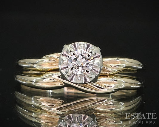 Vintage 14k Yellow Gold Round Natural .12ct Diamond Wedding Set 3g i19819b