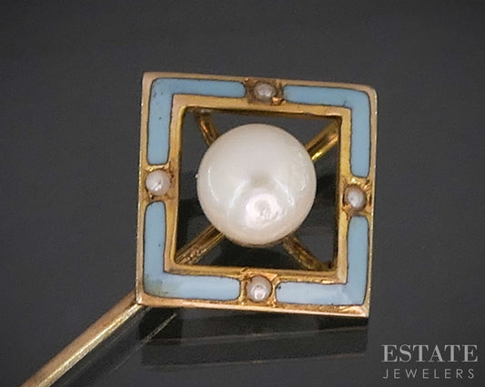Antique Art Deco 10k Yellow Gold 5mm Pearl Enameled Stick Pin 1.3g i19817b
