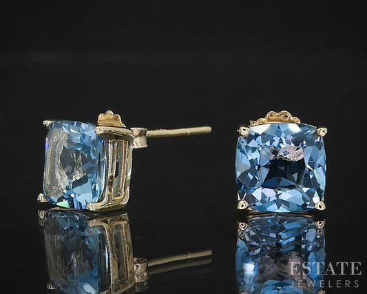 10k Yellow Gold Cushion 7mm Natural Blue Topaz Stud Earrings 2.1g i19823b
