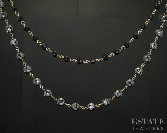 14k Yellow Gold Black Onyx & Hematite Beaded Link Necklace 32g 18"L i19808b