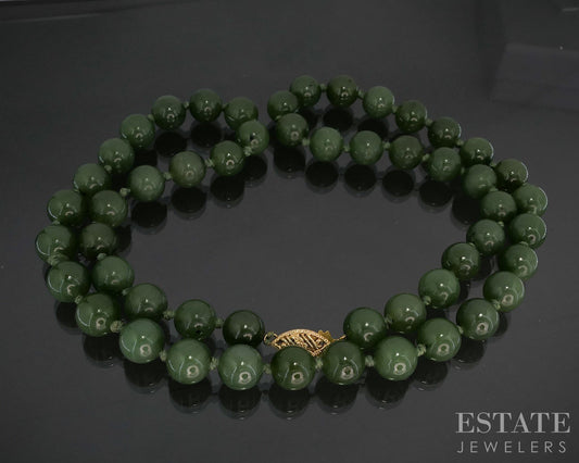 14k Yellow Gold 8mm Natural Green Jade Beaded Necklace 42g 18"L i19825b