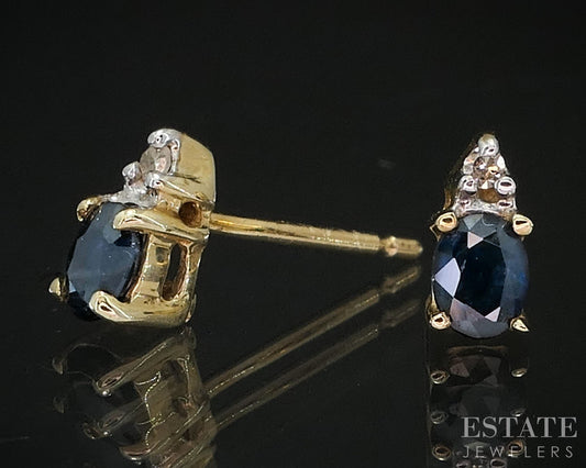 14k Yellow Gold Natural Blue Sapphire & Diamond Stud Earrings 0.6g i19820b