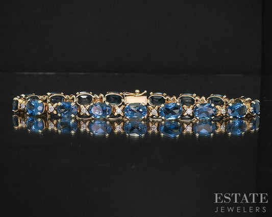 14k Yellow Gold Natural London Blue Topaz & Diamond Tennis Bracelet 9.8g i19835b