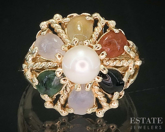 Vintage 14k Yellow Gold Natural Multi Colored Jade & Pearl Ring 5g i19836b