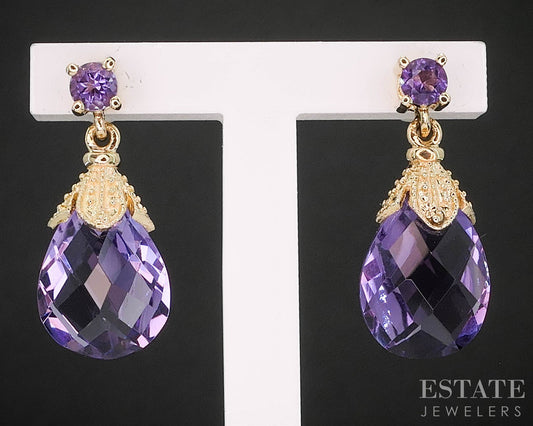 14k Yellow Gold Pear Cut Natural Amethyst Dangle Ladies Earrings 2.5g i19843b