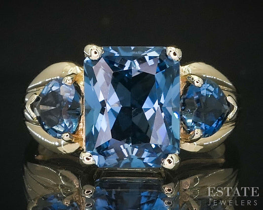 14k Yellow Gold Natural London Blue Topaz Ladies Band Ring 4.1g i19840b