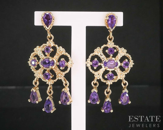 10k Yellow Gold Natural Amethyst Dangle Ladies Earrings 5.2g i19837b
