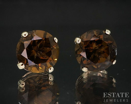 14k Yellow Gold Round Natural Smoky Quartz Stud Earrings 1.9g i19848b