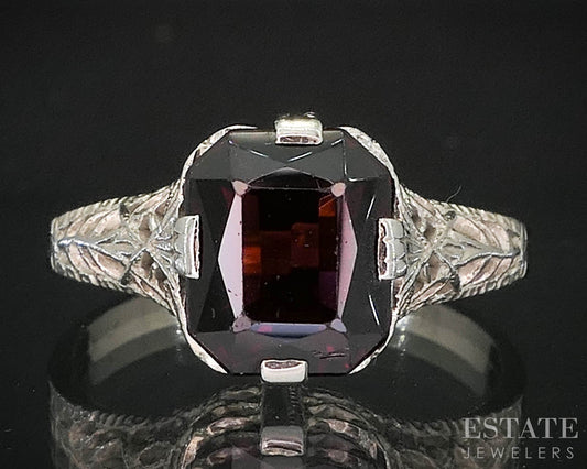 Antique 14k White Gold Natural Garnet Filigree Ring 1.9g i19851b