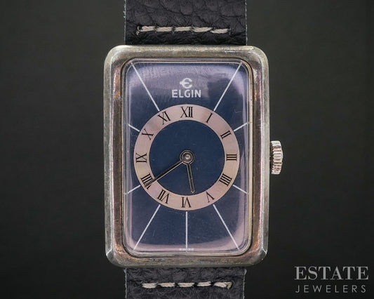Vintage Sterling Silver Elgin 17j Blue Dial Art Deco Dress Watch i19888