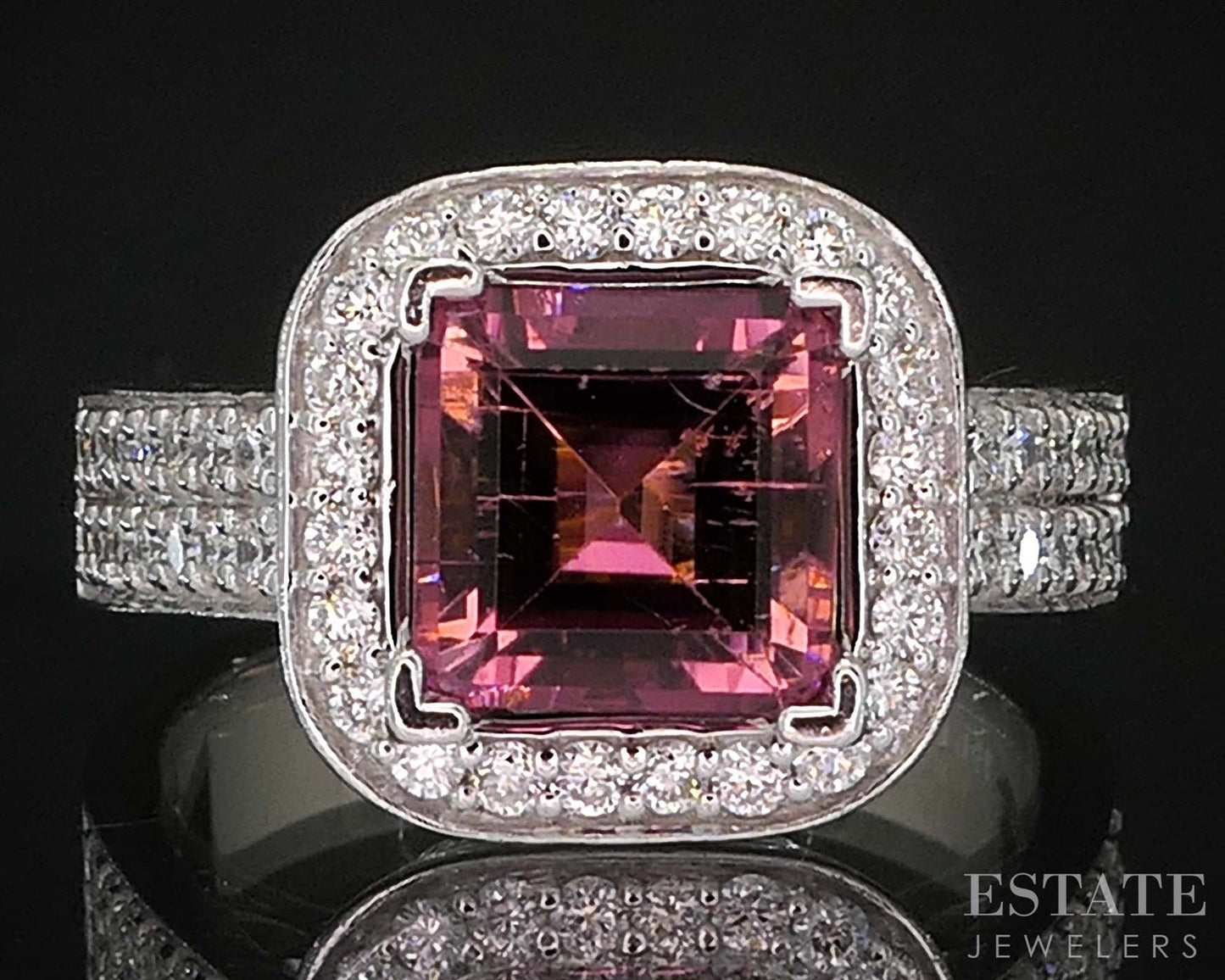 14k White Gold Square Cut Natural Pink Tourmaline & Diamond Ring 9.7g i19886