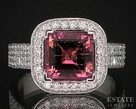 14k White Gold Square Cut Natural Pink Tourmaline & Diamond Ring 9.7g i19886
