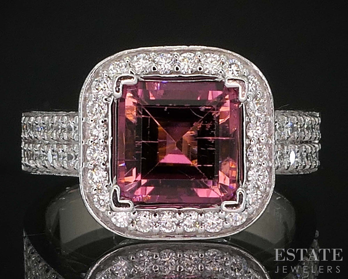 14k White Gold Square Cut Natural Pink Tourmaline & Diamond Ring 9.7g i19886
