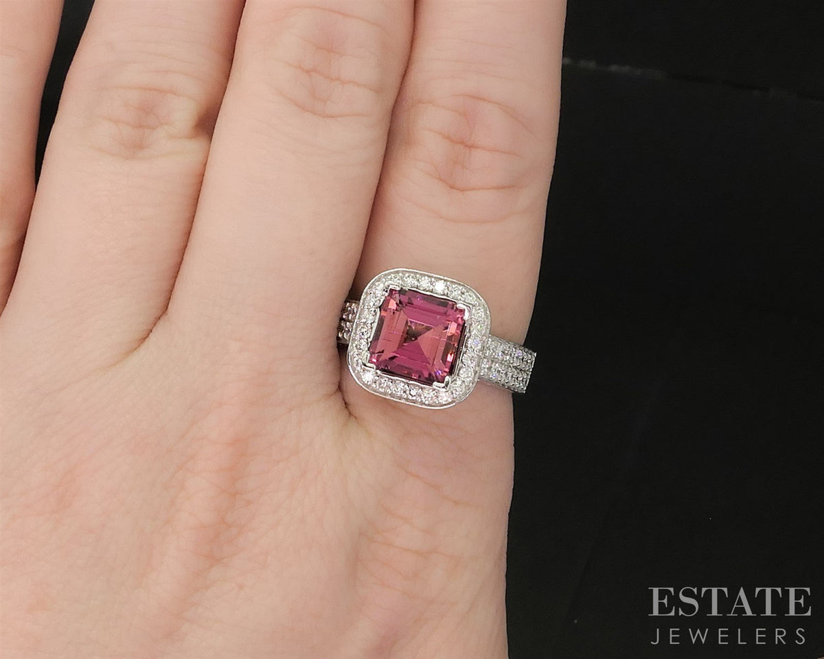 14k White Gold Square Cut Natural Pink Tourmaline & Diamond Ring 9.7g i19886