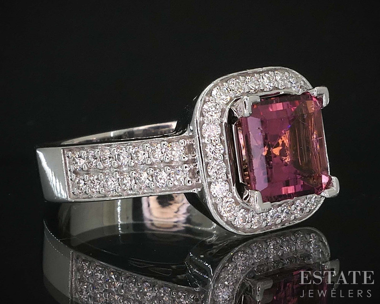 14k White Gold Square Cut Natural Pink Tourmaline & Diamond Ring 9.7g i19886