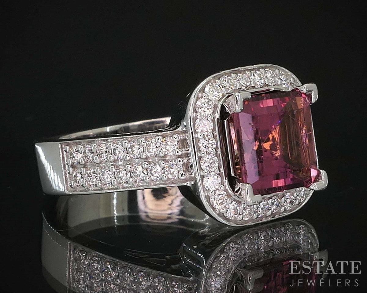 14k White Gold Square Cut Natural Pink Tourmaline & Diamond Ring 9.7g i19886