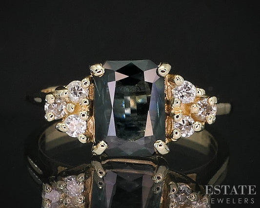 14k Yellow Gold Natural Blue-Green Sapphire & Diamond Ladies Ring 3.4g i19882
