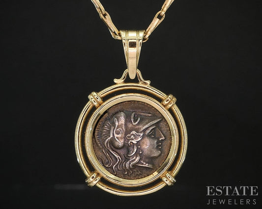 14k Yellow Gold Alexander the Great Silver Coin Pendant & Necklace 7.9g i19878
