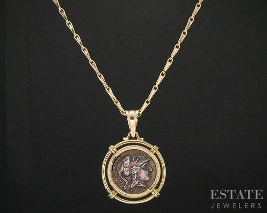 14k Yellow Gold Alexander the Great Silver Coin Pendant & Necklace 7.9g i19878