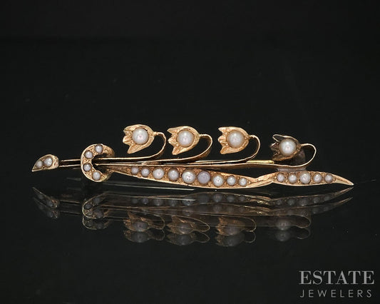 Antique 10k Yellow Gold Lily of the Valley Seed Pearl Pin Brooch 1.9g i19875