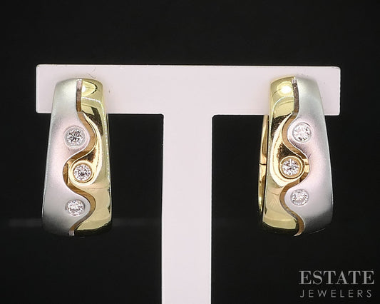 14k White & Yellow Gold Natural .10ctw Diamond Huggie Hoop Earrings 5.6g i19873