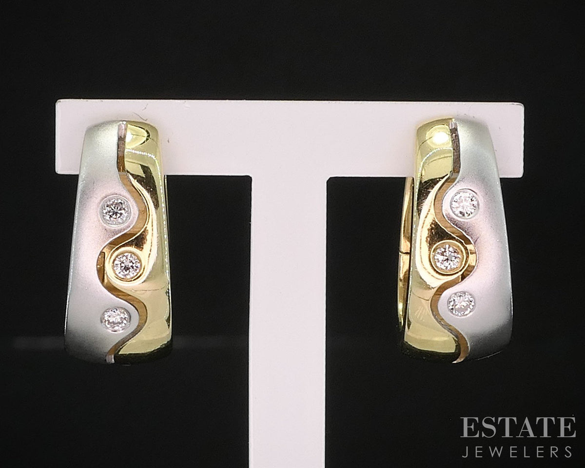 14k White & Yellow Gold Natural .10ctw Diamond Huggie Hoop Earrings 5.6g i19873