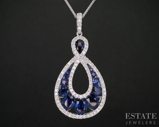 18k/14k White Gold Natural Blue Sapphire & Diamond Necklace 5.1g 18"L i19869