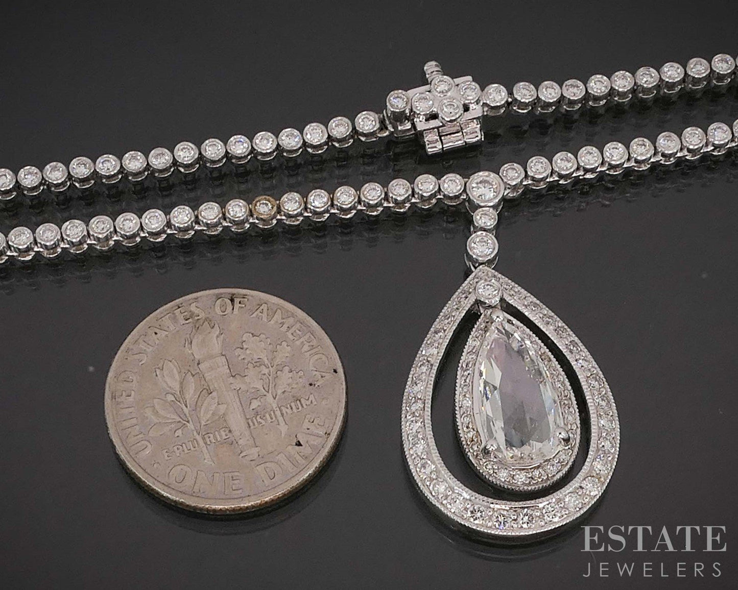 18k White Gold Natural 3.18ctw Diamond Teardrop Tennis Necklace 19.4g i19867