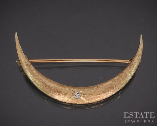 Antique Victorian 14k Yellow Gold Diamond Crescent Moon Pin Brooch 2.6g i19913b
