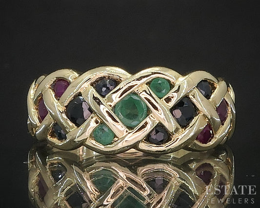 14k Yellow Gold Natural Multi Gem Celtic Knot Ladies Band Ring 3.6g i19903b