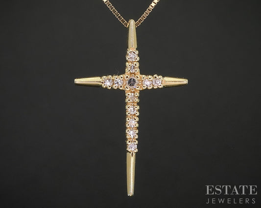 14k Yellow Gold Natural .10ctw Diamond Cross Ladies Necklace 2.1g 18"L i19914b