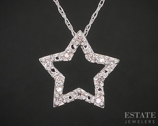 10k White Gold Natural Diamond Open Star Ladies Necklace 1.1g 18"L i19899b