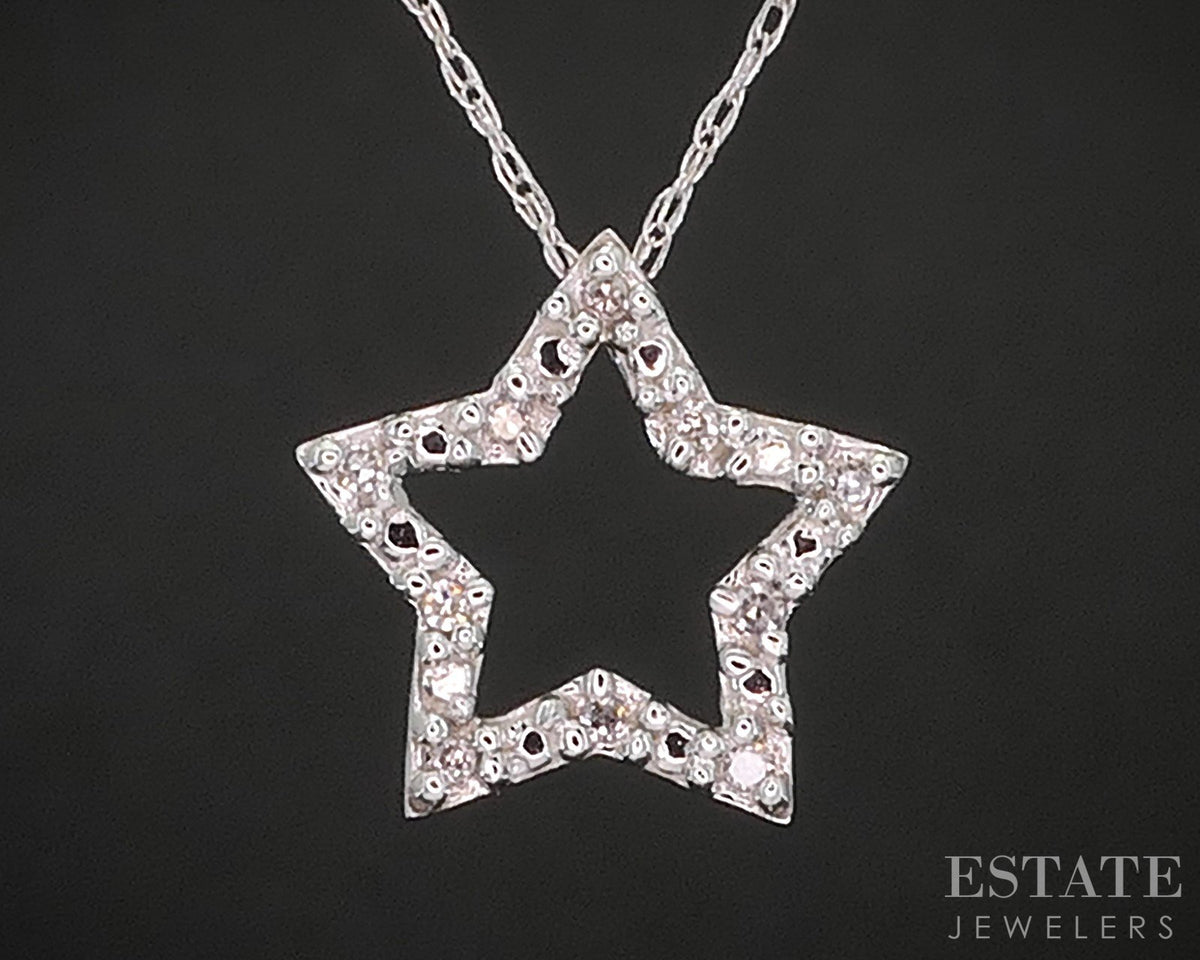 10k White Gold Natural Diamond Open Star Ladies Necklace 1.1g 18"L i19899b
